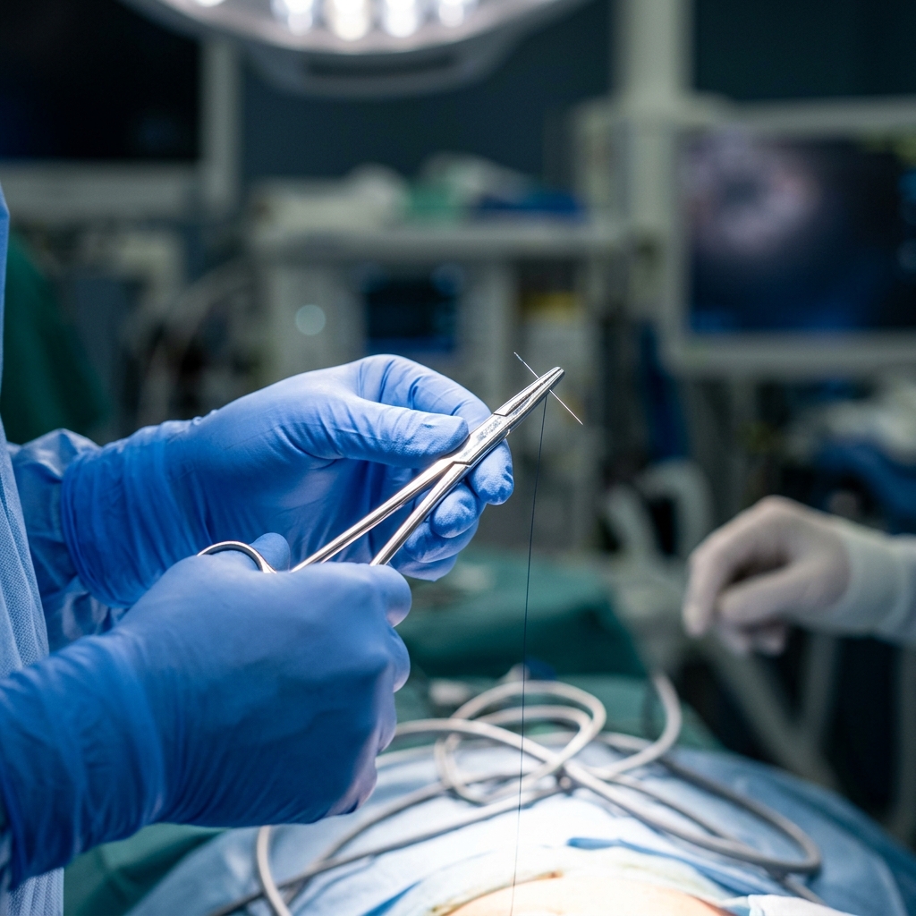 Manos de cirujano con guantes estériles realizando una intervención en un quirófano iluminado